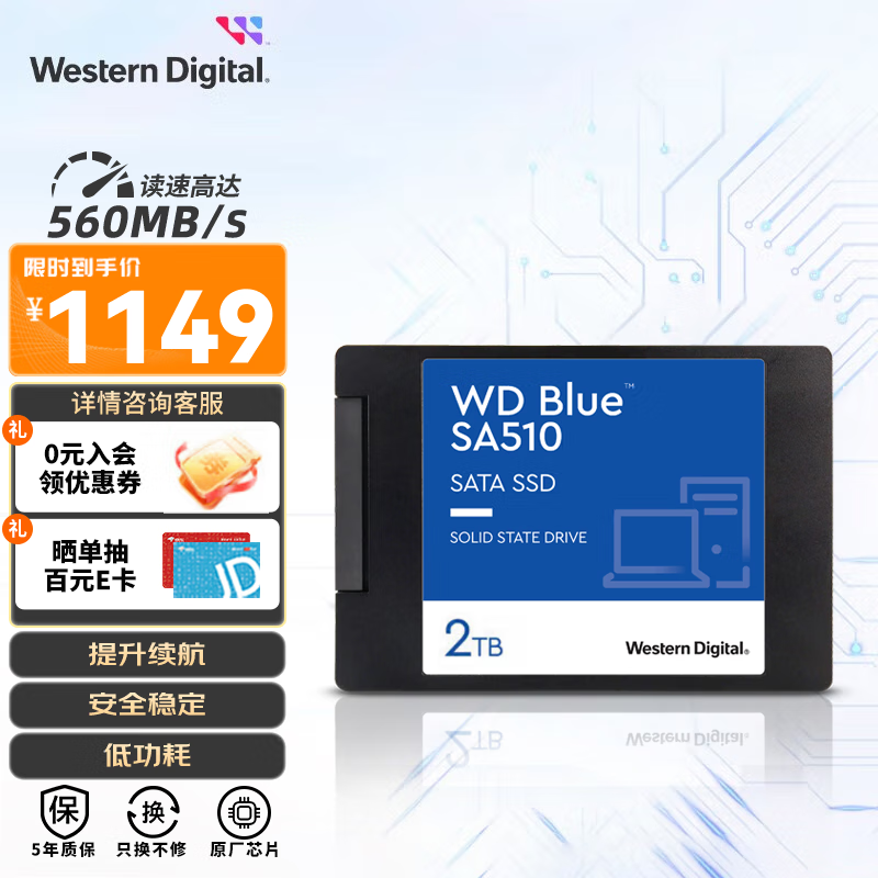 西部数据（WD）笔记本台式机电脑 SSD固态硬盘 SA510 SATA Blue系列 3D技术 高速读写 SA510 2TB