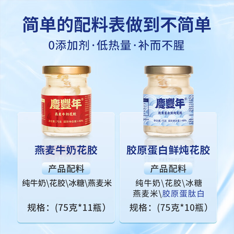 庆丰年燕麦牛奶花胶鲜炖即食小圆瓶月子补品鱼胶早餐代餐粥孕妇滋补礼盒 胶原蛋白花胶 75g*10瓶