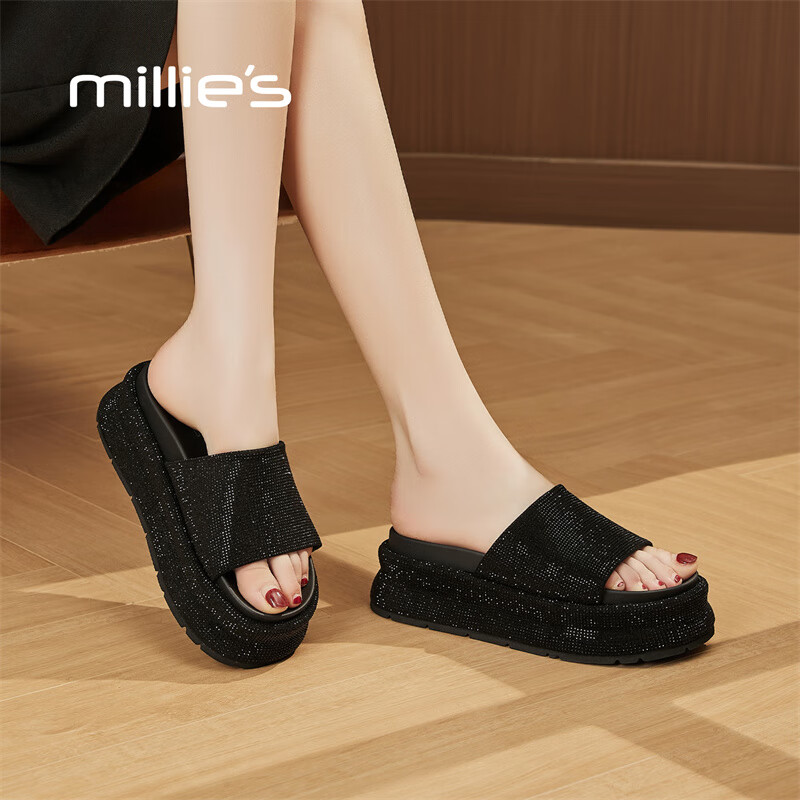妙丽拖鞋女厚底外穿露趾细钻时尚2025夏季新款百搭配裙子半拖鞋 黑色 37 (235mm) 标准码