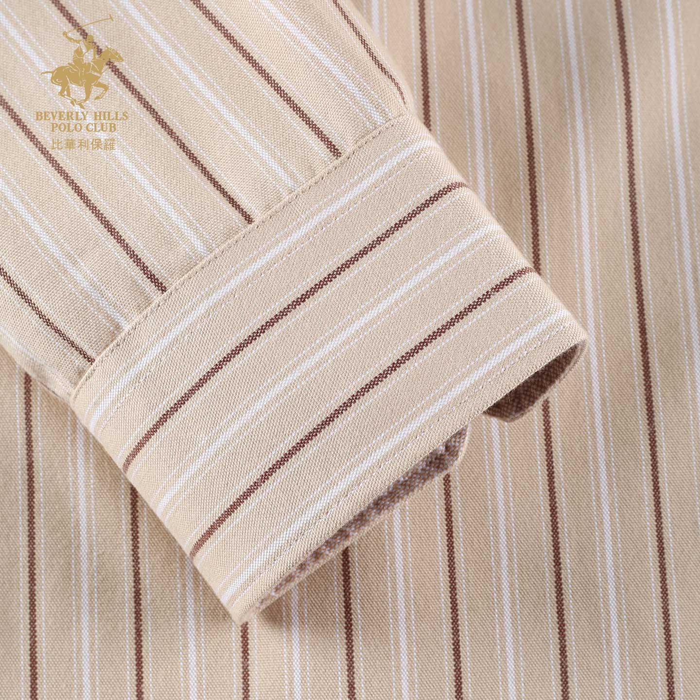 比华利保罗【暖姜纤维】秋冬新款休闲舒适条纹长袖衬衣浅卡其245121097 浅卡其 L