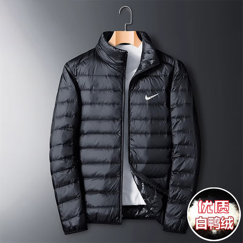 轻薄白鸭羽绒服宽松大码连帽休闲秋冬防风保暖男女立领外套 16050黑色立领 3XL 160-175斤