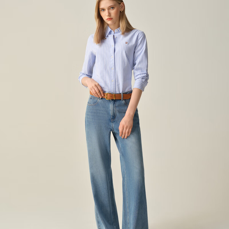 ELAND衣恋衬衫女翻领条纹通勤上衣2025秋季新款 浅蓝色(51)L/Blue S /160