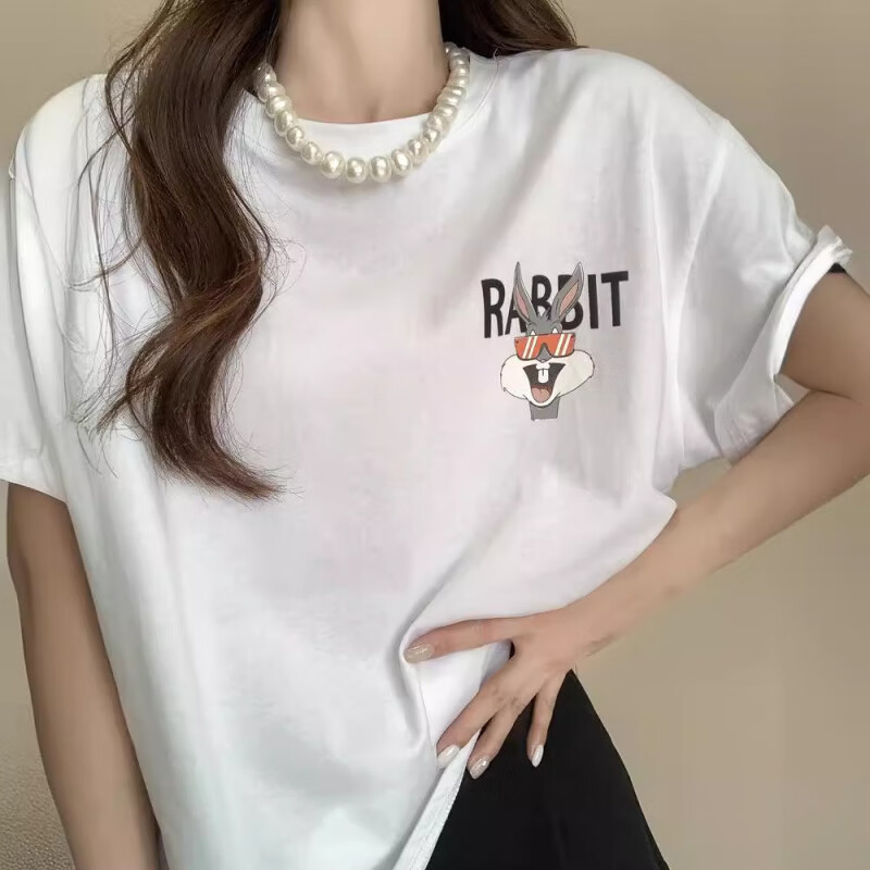 2025新款夏季宽松休闲大版印花百搭T恤女中长款遮臀失踪短袖上衣 黑色 L