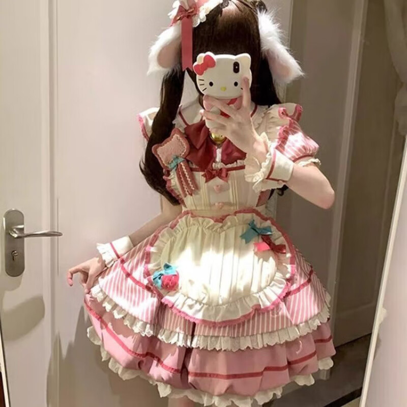 COMIC SOUL成人粉色花苞裙lolita OP可愛日常輕lo公主連衣裙洛麗塔禮服 套裝[連衣裙+圍裙+蝴蝶結(jié)+鈴鐺] 均碼 XL