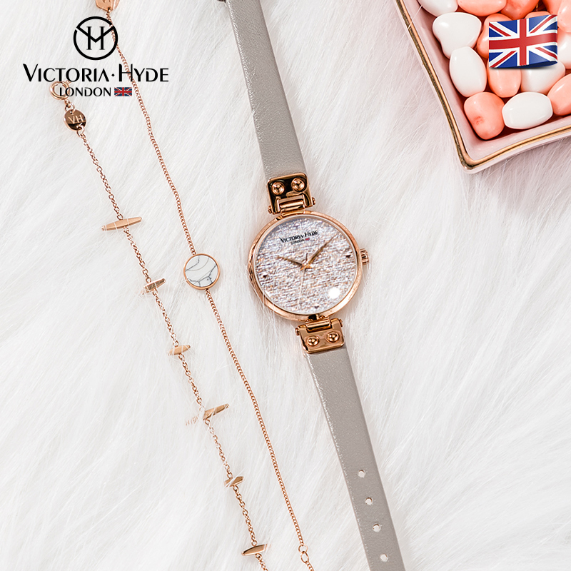 VICTORIA·HYDE火花手表女满天星学生轻奢潮流小众时尚ins礼物女表维多利亚海德 玫瑰金灰色皮带(含手链)