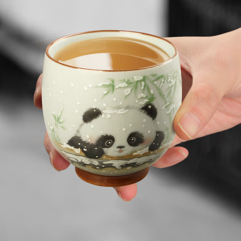 陶立方开片汝窑猫咪对杯品茗杯陶瓷杯主人杯家用对盏套装功夫茶具茶盏 腰鼓杯-熊猫+雪人猫