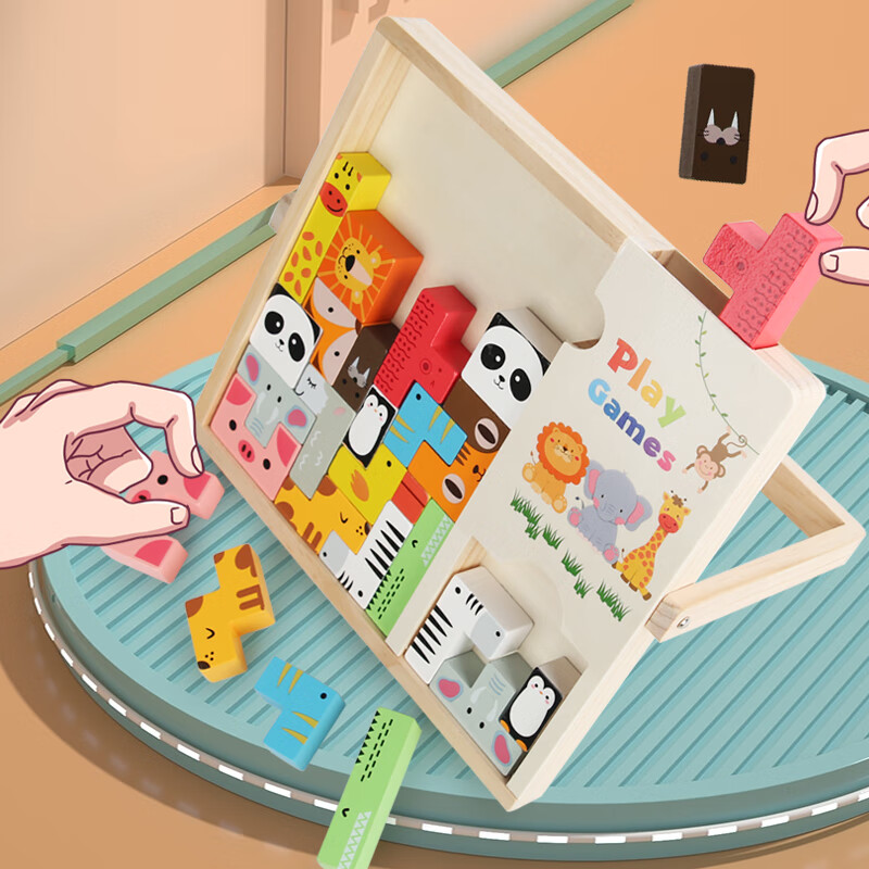 俄罗斯方块亲子互动积木动物拼图游戏盒子儿童力开发 【加厚款】+百变套住敲钉台