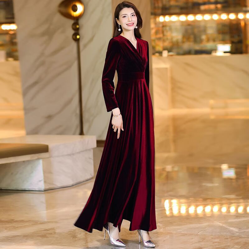 皮尔卡丹高档气质春秋长袖金丝绒演出走秀旗袍礼服长裙宽松显瘦时尚大摆裙 酒红色 2XL 建议119-129斤