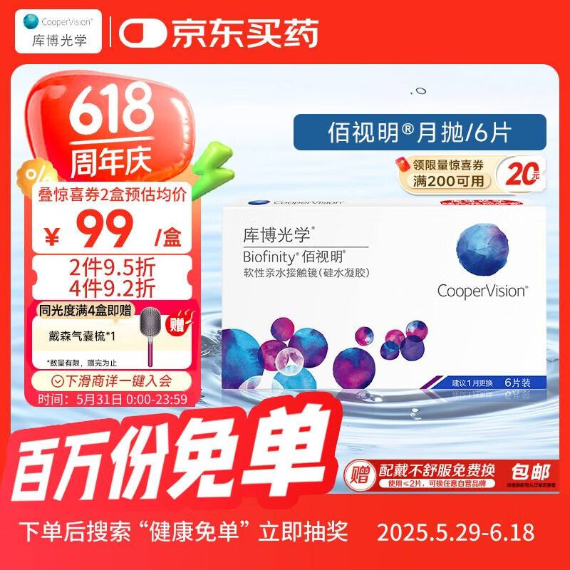 库博光学佰视明Biofinity进口透明隐形眼镜硅水凝胶月抛6片装 500度