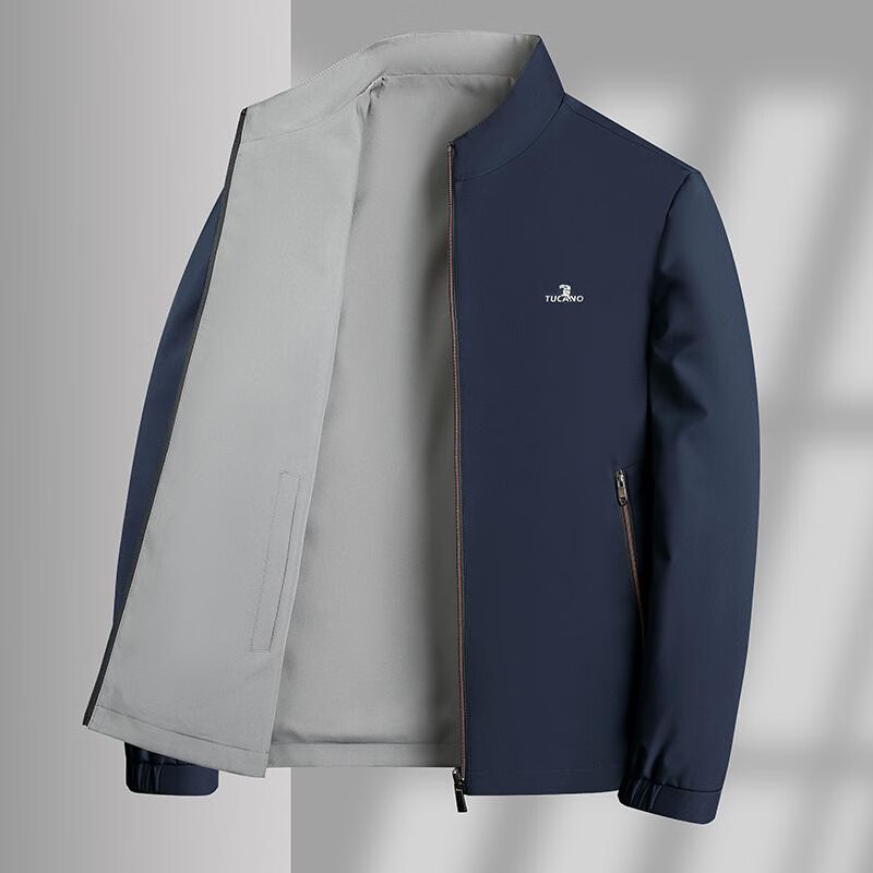 啄木鸟夹克外套男士商务立领春秋季新款双面穿百搭休闲中年茄克衫上衣服 藏青 L 175 115-130斤