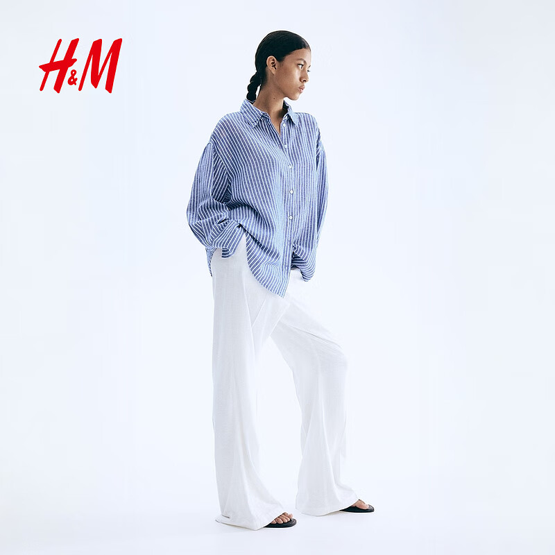 H&M女装衬衫2025夏季新款亚麻混纺大廓形衬衫1283782 蓝色/条纹 XL 175/116