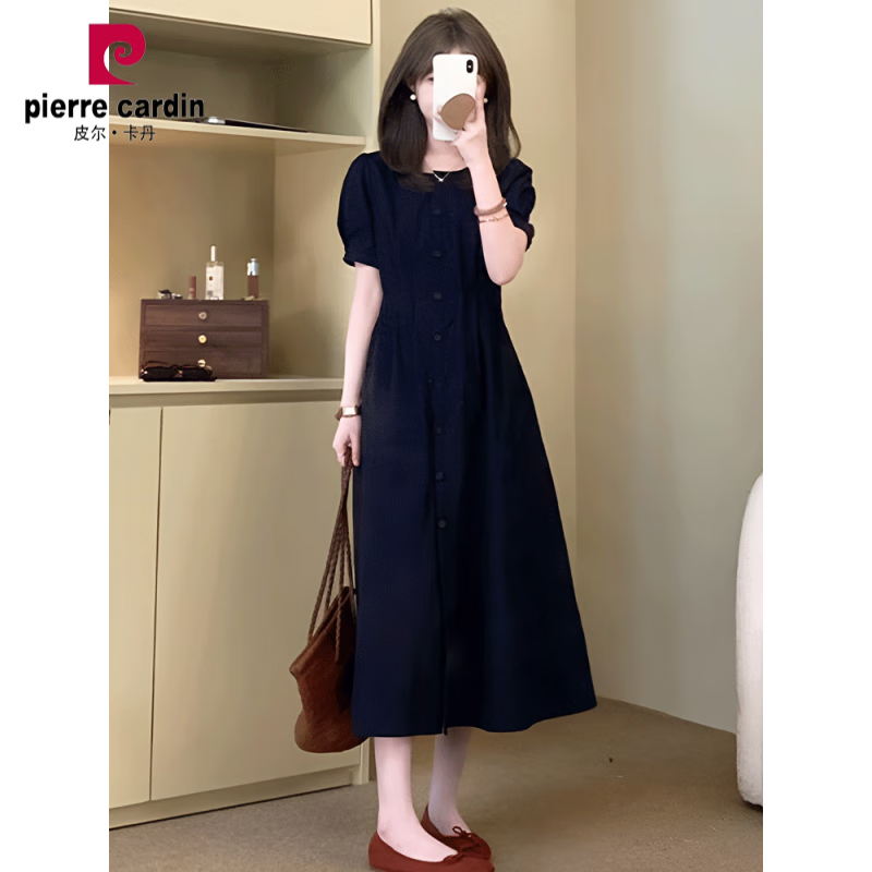 皮尔卡丹（pierre cardin）法式泡泡袖连衣裙女夏2025新款今年流行初夏穿搭小个子长裙子 黑色连衣裙 S
