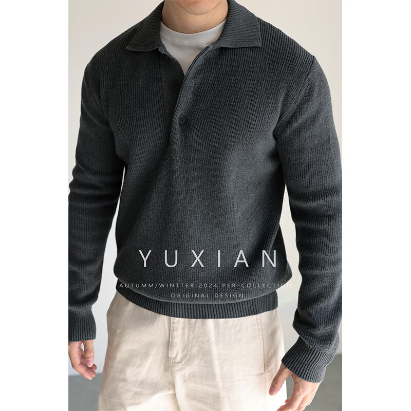 余闲YUXIAN美式精梳棉复古翻领毛衣长袖针织衫休闲商务通勤男士秋冬季 花灰色 S