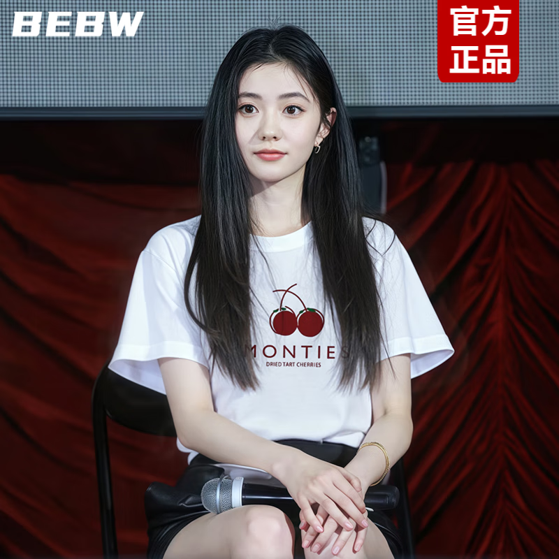 BEBW香港潮牌明星同款新款白色樱桃印花短袖T恤女宽松显瘦百搭上衣女 白色 M