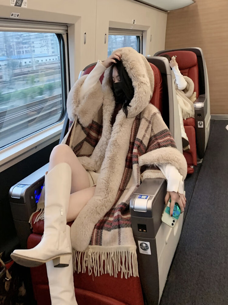 针织开衫毛衣外套秋冬新款时尚洋气高档女装毛领披肩两用斗篷可穿 米白色 XL