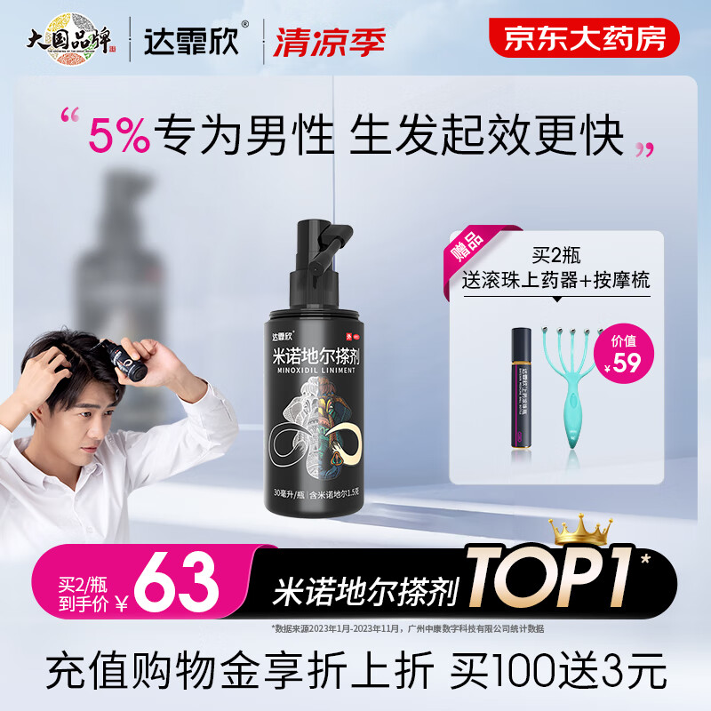 达霏欣 米诺地尔酊搽剂5%浓度30ml/瓶【男士轻度脱发推荐】治脱生发喷雾生发液 男士专用防脱生发育发发际线增长液洗发水脱发斑秃泡沫凝胶