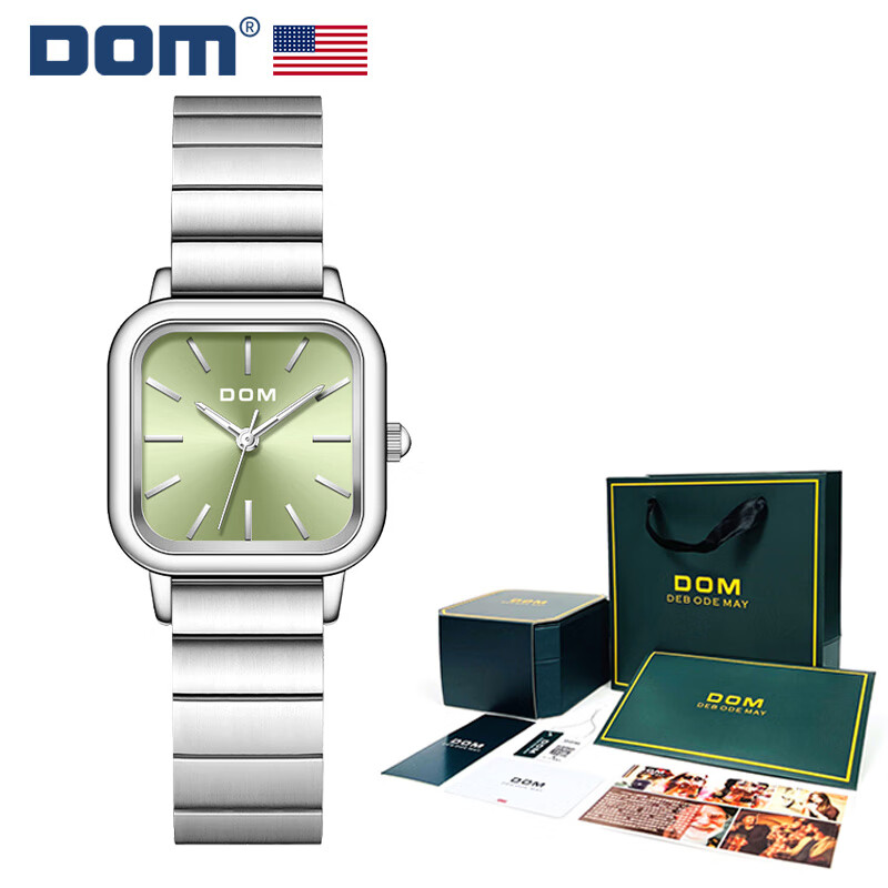 DOM腕表坚守139道生产工序复古气质小方糖百搭防水石英女表1721 方形-绿色
