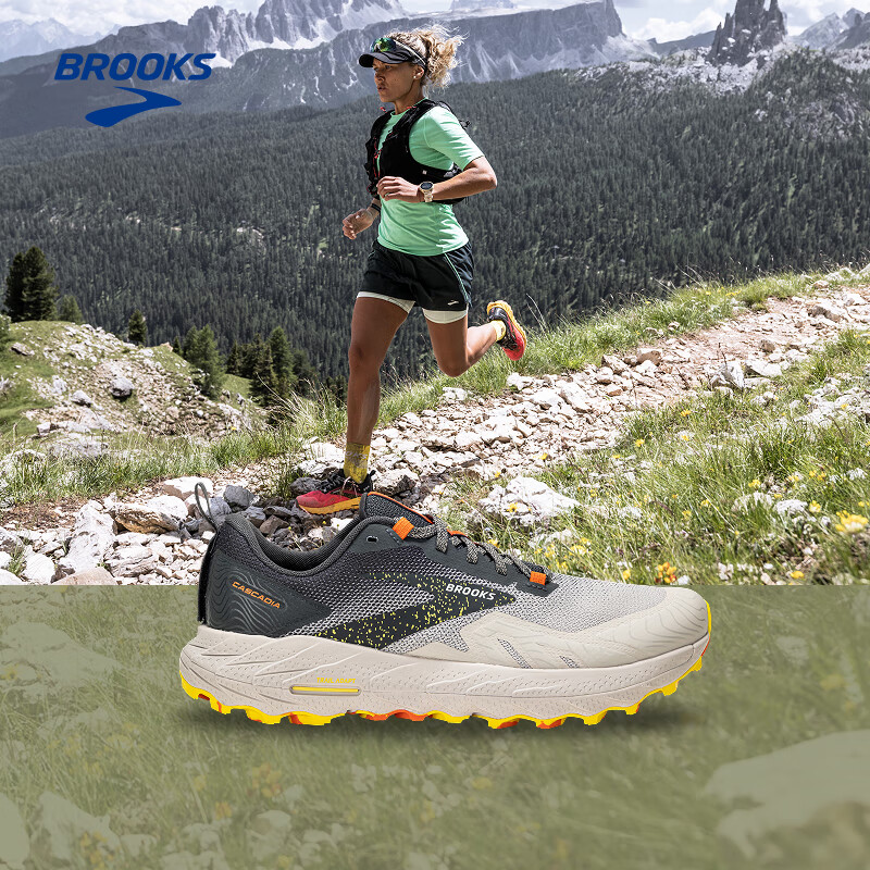布鲁克斯（BROOKS）越野跑鞋男鞋缓震运动鞋女登山徒步防滑跑步鞋 Cascadia17 山岩 【男】城堡灰/铁灰/桔红 42.5