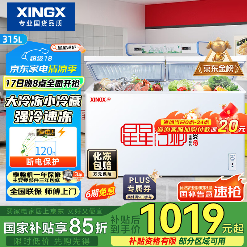 星星（XINGX） 315升 双温双箱冰柜 大冷冻小冷藏  卧式冰箱 大容积顶开门冷柜 BCD-315JE国家补贴