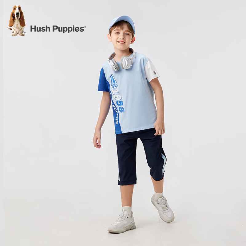 暇步士（Hush Puppies）童装儿童男大童夏季新款舒适丝滑云柔棉时尚休闲儿童短袖 宝蓝 140 cm