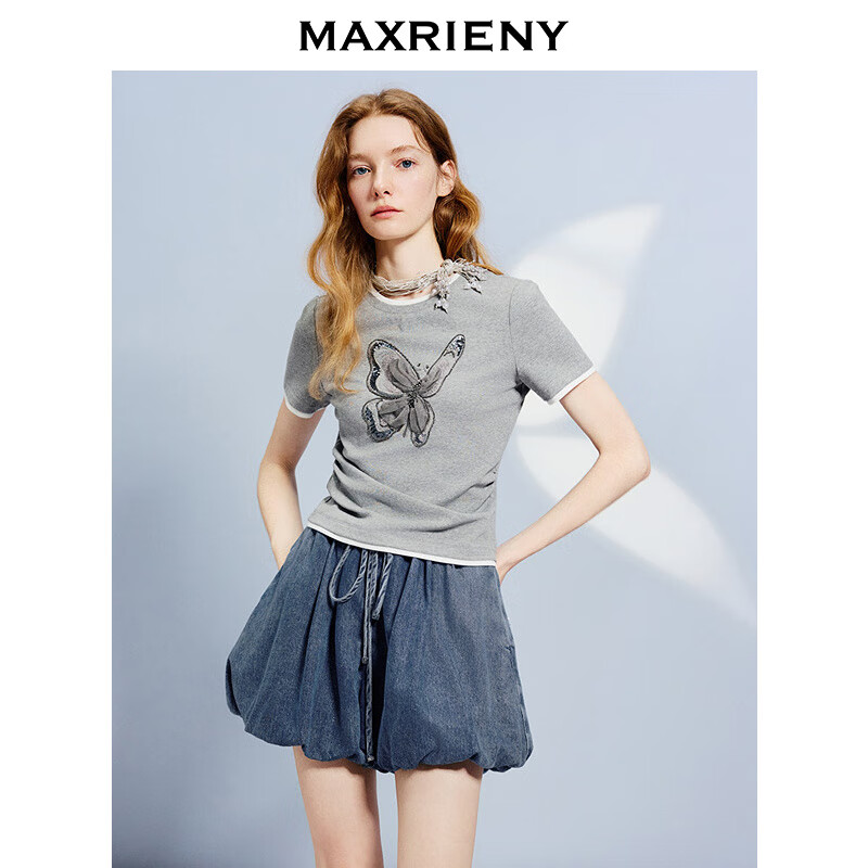 MAXRIENY【商场同款】精致日常风蝴蝶刺绣修身假两件短袖T恤上衣 浅花灰 L