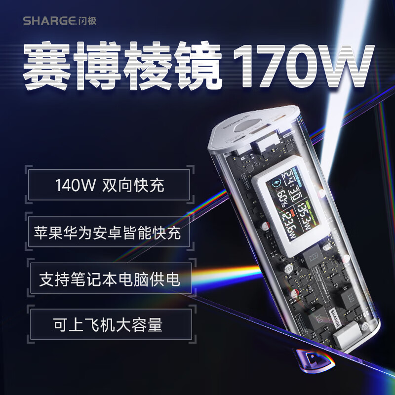 闪极（Sharge）闪极充电宝【国家3C安认证】赛博棱镜两万四毫安充电宝快充透明超移动电源140W适用苹果16小米华为 【极光白】140W双向快充 | 兼容PD3.1协议 24000mAh