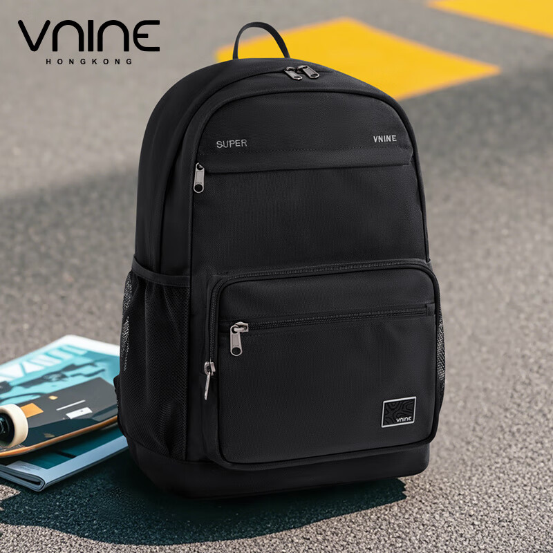 第九城(V.NINE)双肩包男生大容量背包女士简约百搭笔记本电脑包大学生书包 曜石黑