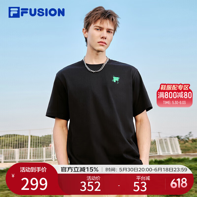 FILA FUSION斐樂潮牌情侶款針織短袖2025春夏新款涼感寬松純棉T恤男女 正黑色-BK（春季上新） M /170/92A/M