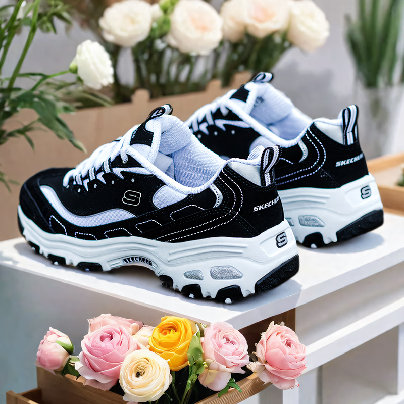 斯凯奇（Skechers）女鞋春夏季2025新款经典款熊猫鞋厚底增高轻便休闲运动鞋老爹鞋 黑色/白色-BKW 36.5