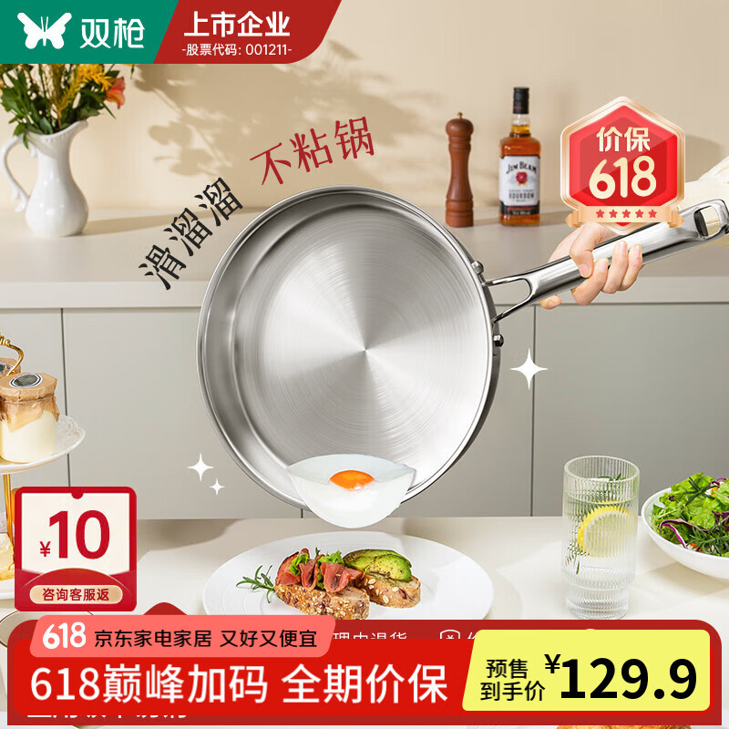 双枪316L不锈钢平底锅无涂层炒锅煎锅家用不粘锅煎蛋牛排早餐烙饼 推荐【超大号—带防爆锅盖】 24cm