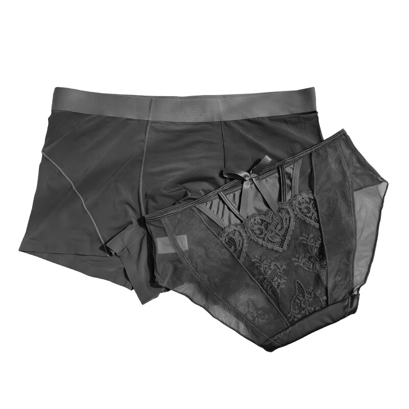 羅亨士情侣内裤冰丝薄款透气透明性感镂空网纱蕾丝无痕一男一女底裤衩 神秘黑诱惑 2条 L 男+女M码