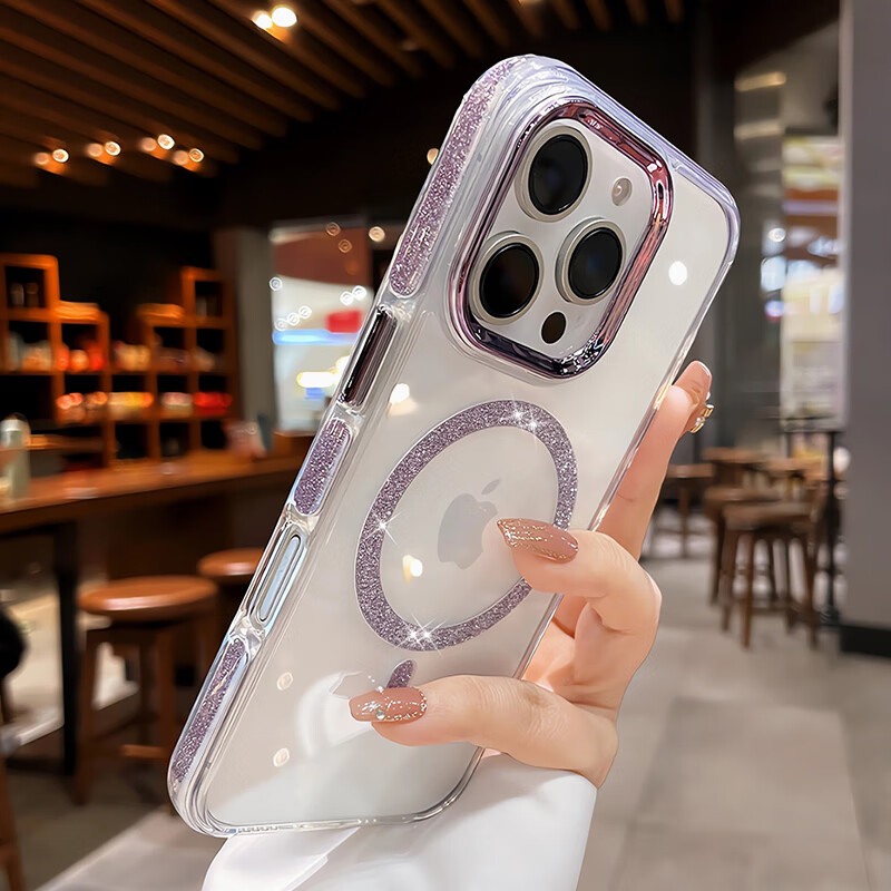 穹燃适用苹果16promax手机壳新款闪粉边框iphone16pro磁吸充电15硅胶防摔保护套14透明高级轻奢女外壳 【暗夜紫】闪粉磁吸边框-气囊防摔 iPhone 14
