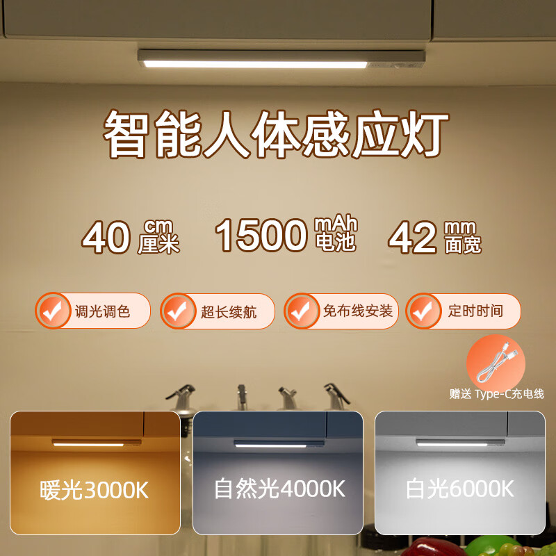 智特 智能人体感应灯家用led衣柜灯无线免线充电厨房橱柜酒柜小夜灯 升级款40厘米【感应+时间+三色】