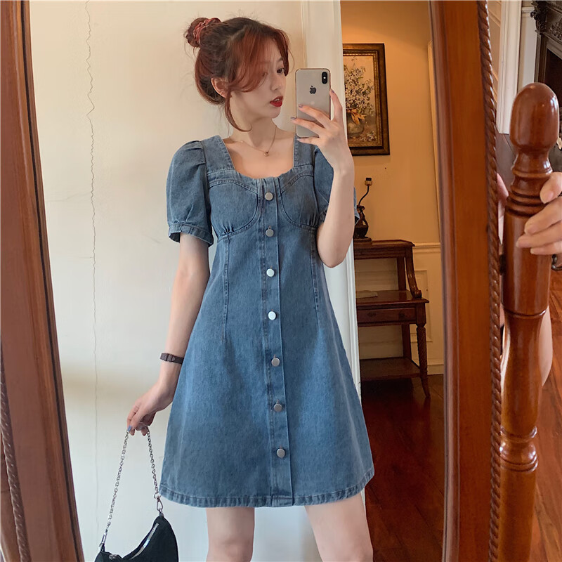 连衣裙短款小个子减龄气质法式泡泡袖牛仔连衣裙女夏季大码胖mm收 蓝色短款连衣裙 S码(建议80-95斤) 均码