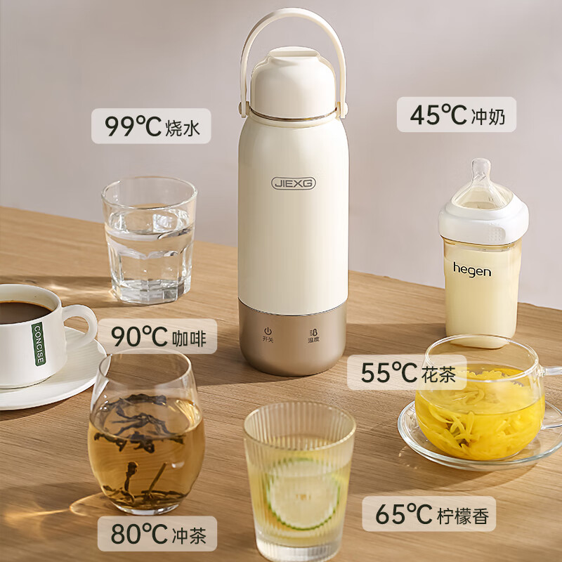 JIEXG德国烧水杯电热水杯 便携式烧水壶旅行加热水杯电热水壶户外烧水壶恒温保温加热杯 0.6L 【升级真空保温保冷】六档调温+316内胆