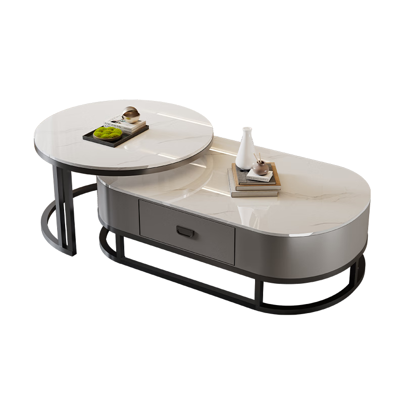 欧柏岚岩板茶几客厅轻奢高级感2025新款小户型家用 120cm亮光鱼肚白+80cm亮光鱼肚白 黑架灰柜