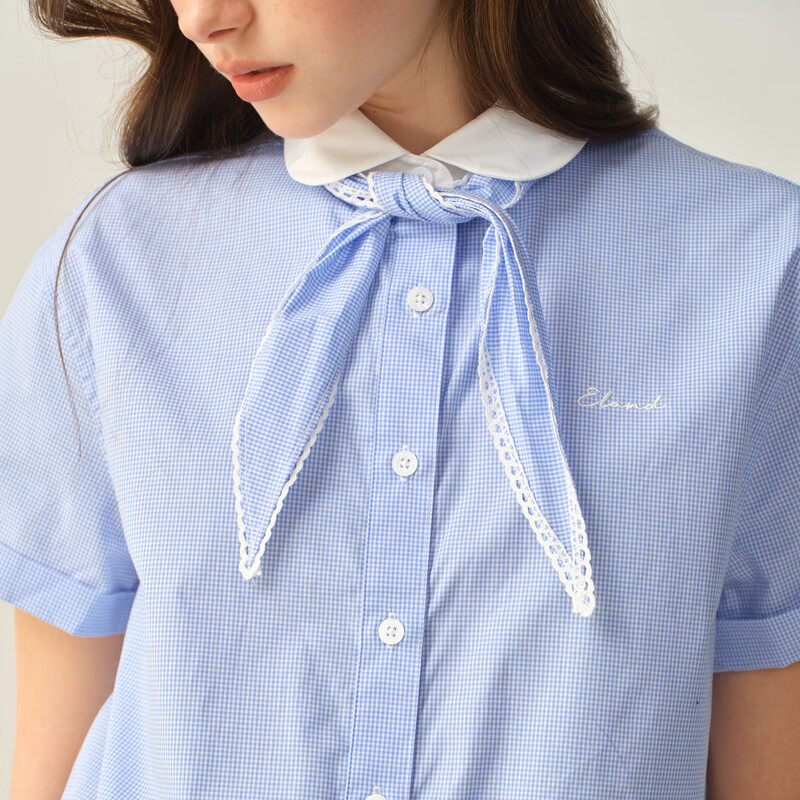 ELAND【初见衫】衣恋衬衫女休闲通勤短袖带领结上衣 浅蓝色(51)L/Blue L /170