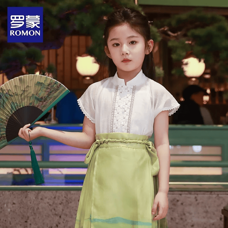罗蒙毕业儿童节女童马面裙汉服夏儿童古风2026新款国风半身裙演出服 白色-立领短袖【单上衣】 140