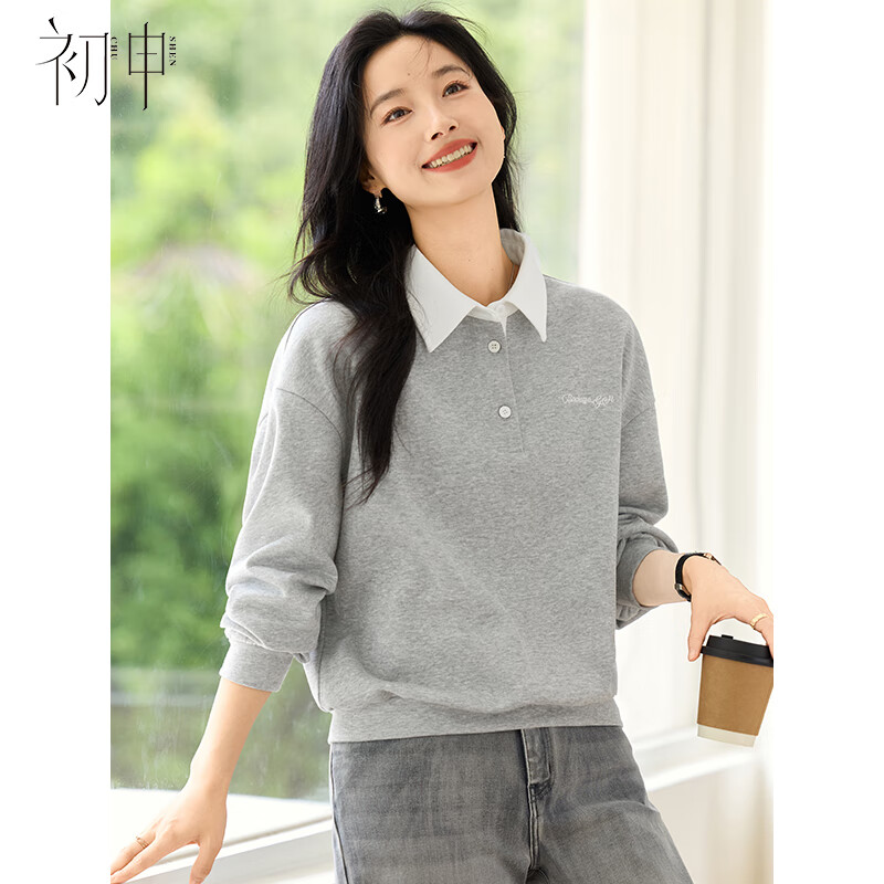 初申春秋卫衣女时尚撞色翻领字母刺绣百搭上衣S53W027