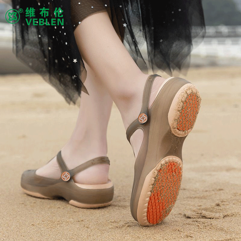 维布伦（VEBLEN）沙滩洞洞鞋女夏季厚底防滑轻便软底外穿中老人妈妈包头果冻凉鞋女 8112茶金 37