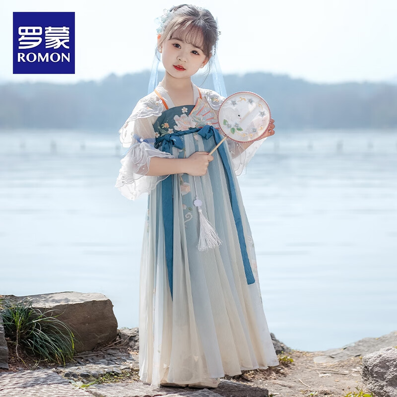 罗蒙儿童中国风原创齐胸襦裙2026款唐装女童汉服夏季毕业演出服 1188雾霾蓝襦裙 100