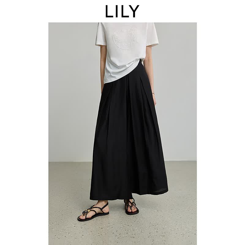 LILY【商场同款】2025夏新款女装醋酸混纺休闲直筒阔腿裤通勤裙裤 510黑 M