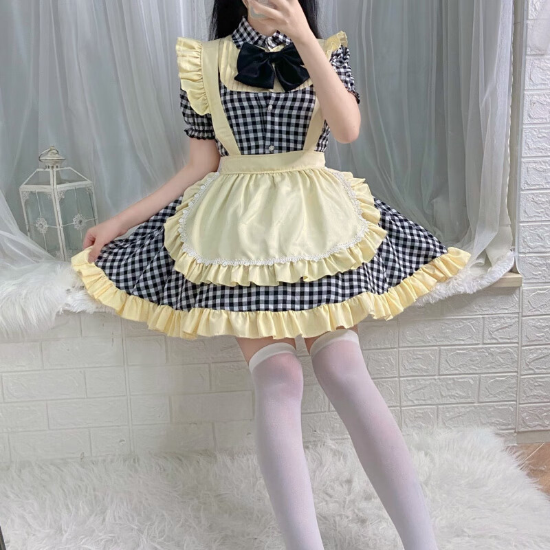 挽枝女仆裝lolita軟妹洋裝蘿莉女傭制服cosplay動漫角色扮演連衣裙 黑色【裙+圍裙+蝴蝶結(jié)+頭飾】 M