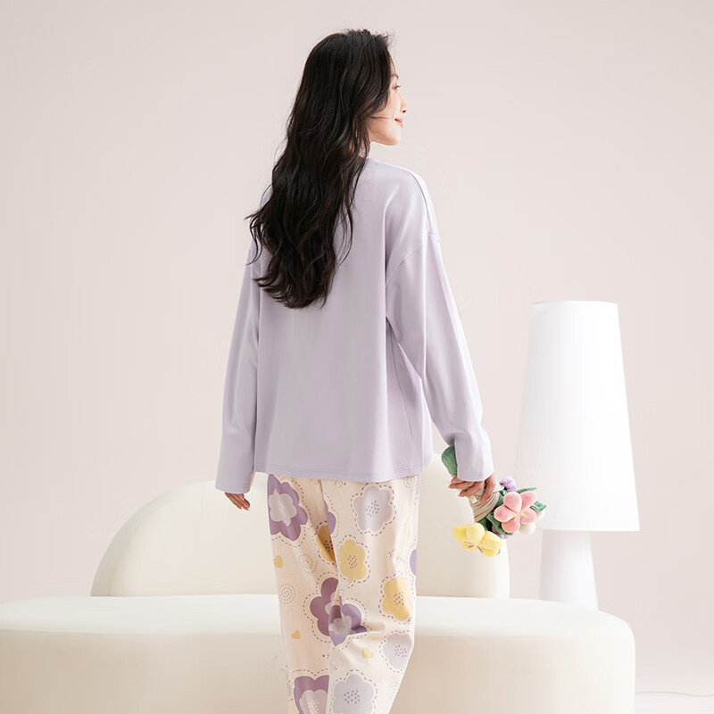 芬腾睡衣女100%纯棉秋新款亲肤圆领长袖花卉休闲家居服套装可外穿 浅紫 2XL