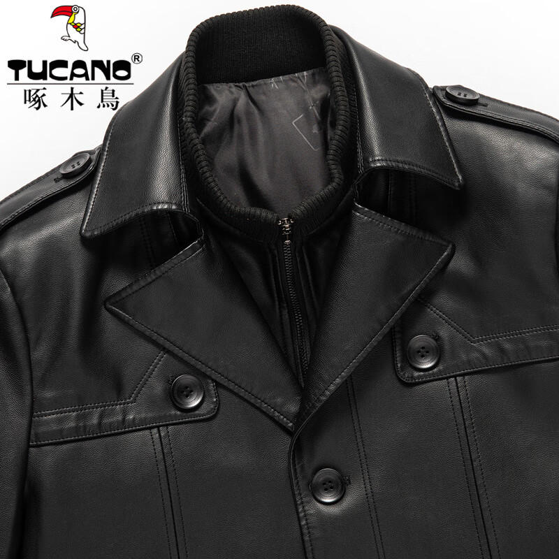 啄木鸟(TUCANO)海宁真皮皮衣男士风衣加长款绵羊皮外套秋冬皮大衣 黑色-长款【单皮】 M 170建议120-135斤