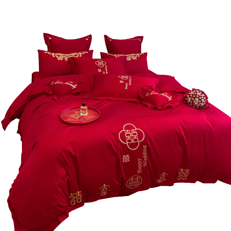 恒源祥大喜刺绣婚庆四件套 纯棉中式结婚红色传统新婚礼物 福气1.8m