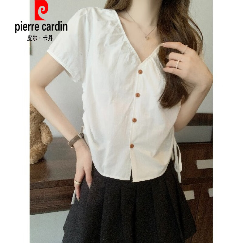 皮爾卡丹（pierre cardin）大碼設(shè)計感V領(lǐng)正肩收腰短袖女夏胖mm顯瘦法式娃娃衫短款上衣法式V 米白色感超好看/設(shè)計感小眾/獨特 M