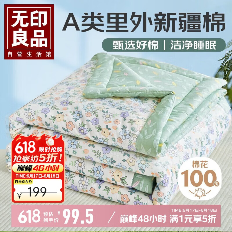 无印良品A类里外全棉100%新疆棉花被子 夏凉被空调被薄被芯 200*230cm