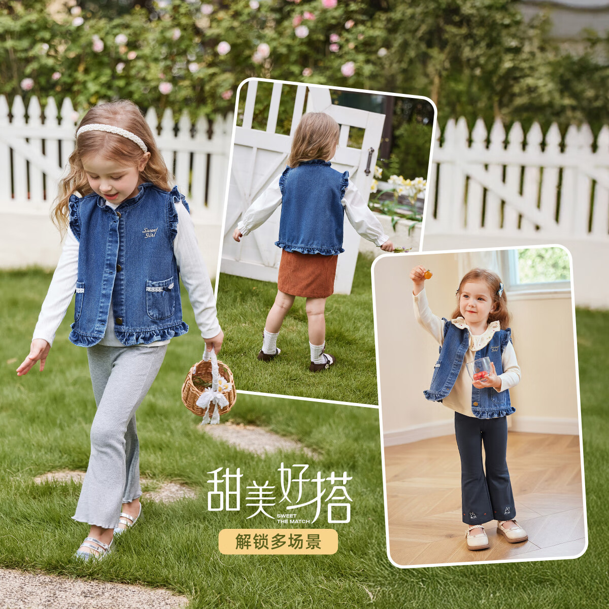 JELLYBABY[7A抗菌]女童牛仔马甲春季小童时髦坎肩小童新款飞袖春装宝宝背心 牛仔蓝 90