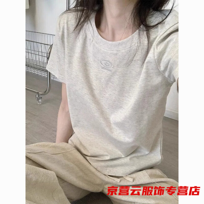 浮泽正肩短袖T恤女夏新款美式复古感白灰色显瘦休闲上衣学生 白灰色短袖 S 京东折扣/优惠券